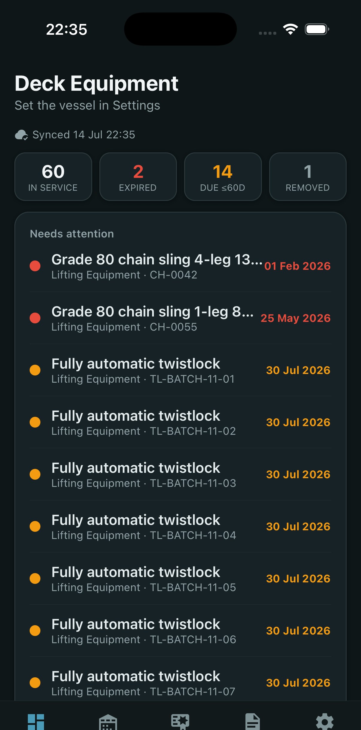 DEM on iPhone — dashboard showing overdue and due lifting gear